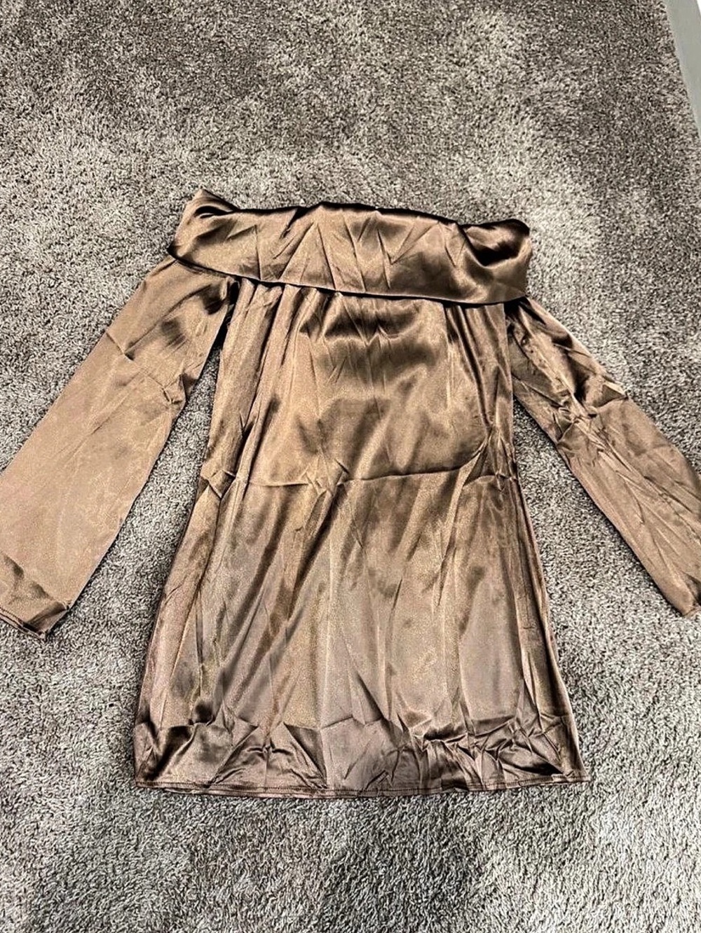 Satin-Look Off-Shoulder Mini Dress in Brown NWOT
